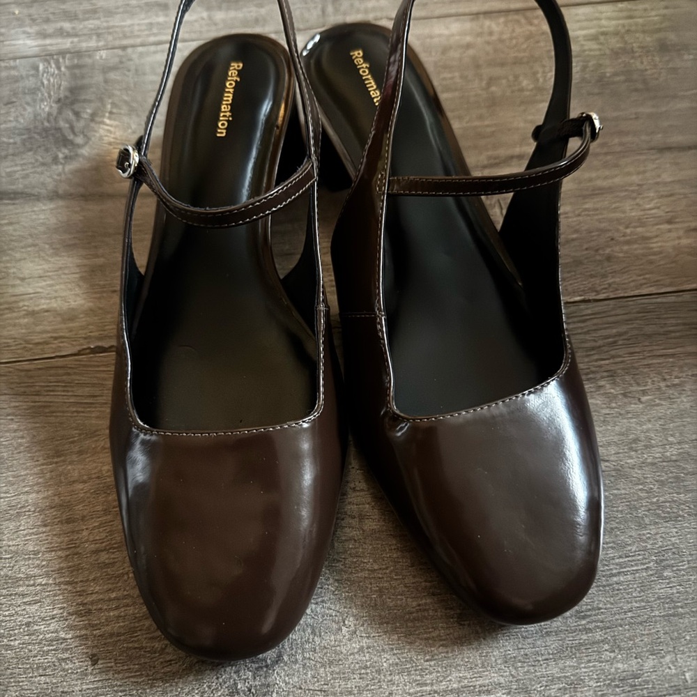 Reformation Dark Brown Square-Toe Slingback Mules
